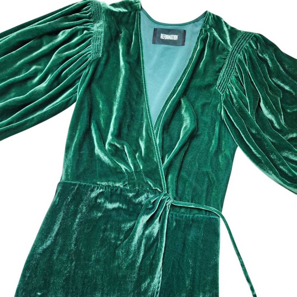 Reformation Size XS Emerald Green Velvet Wrap Mini Dress‎ 3/4 Sleeve Burnout - Picture 6 of 13